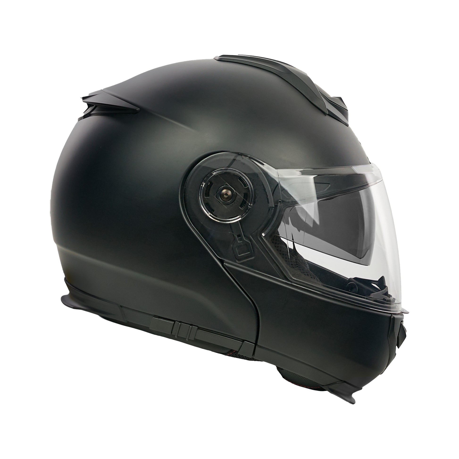 Black motorcycle helmet with clear visor on a white background