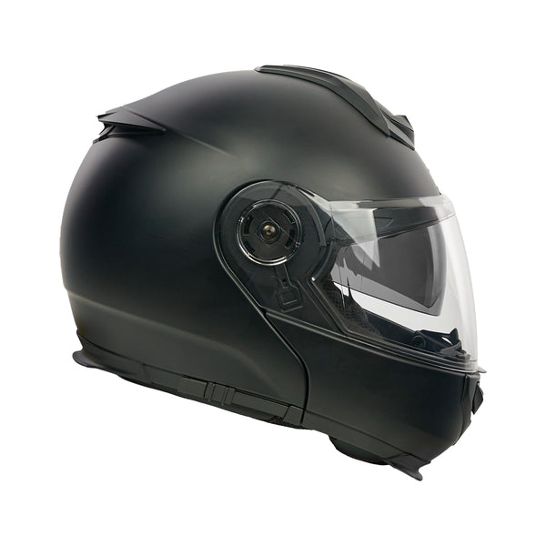 Black motorcycle helmet with clear visor on a white background