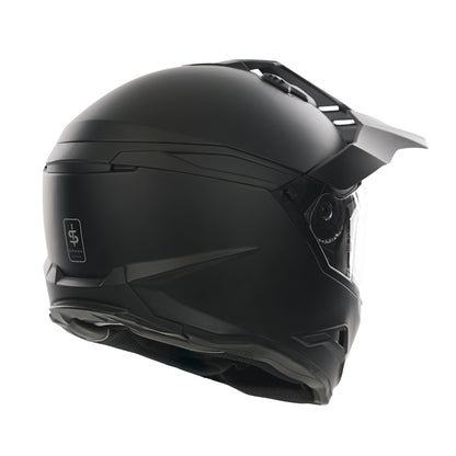 back of matt black motorbike helmet