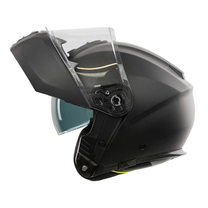 matt black flipped up motorbike helmet with clear visor