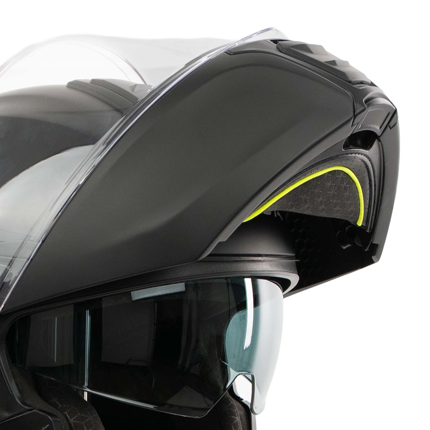 Close-up of a black motorcycle helmet with a clear visor on a white background