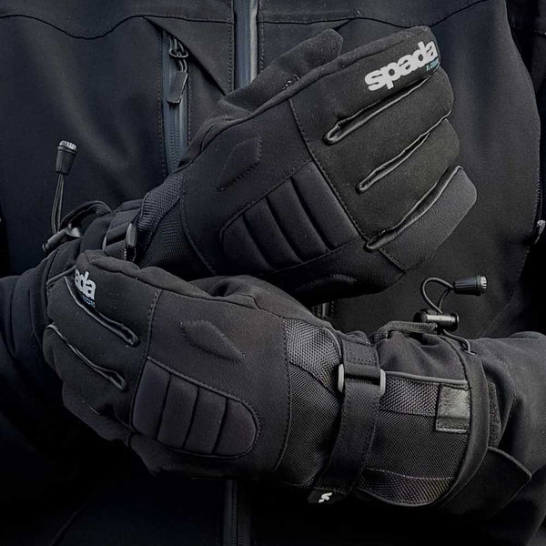 biker wearing a pair of black waterproof spada motorcycle gloves with reinforced panels