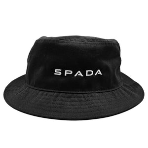 front of black bucket hat with spada white logo