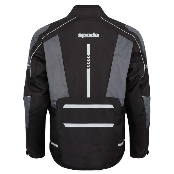 Rear view of black motorcycle jacket with back armour pocket and double-stitched durable construction.