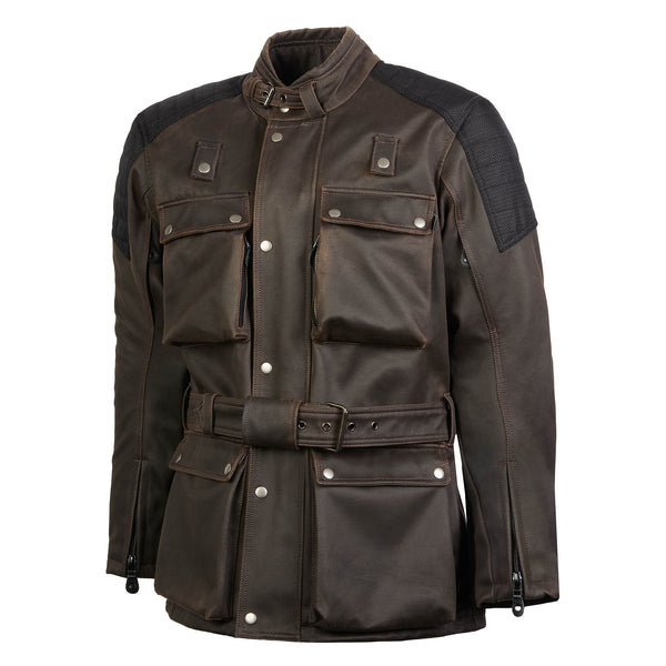 Side view of men's Crossguard brown motorbike jacket showing adjustable waist belt and vented sleeves