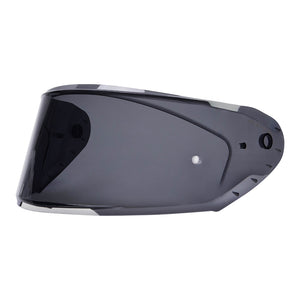 A dark black smoked visor for motorcycles, with a visible attachment point.