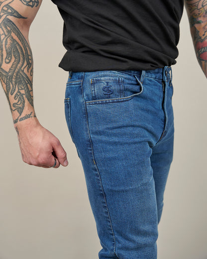 Drifter Mens Washed Blue Motorcycle Jeans