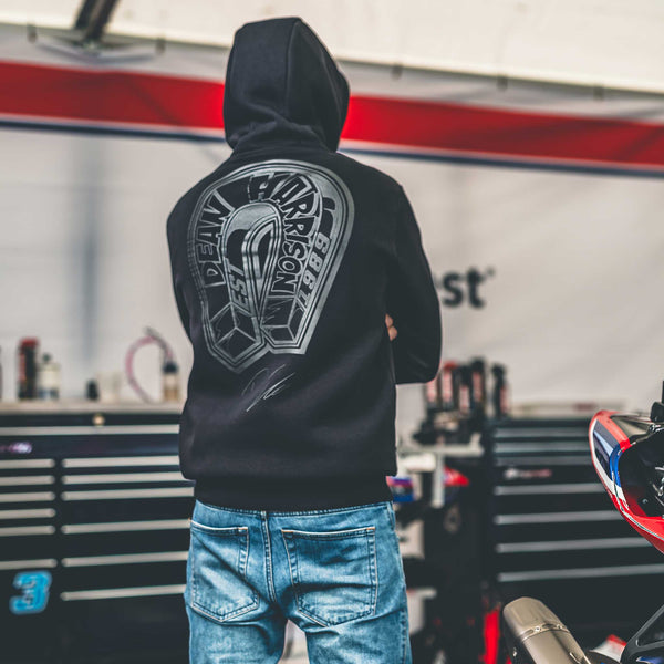 back of black dean harrison merch hoodie with dean's magnet logo 