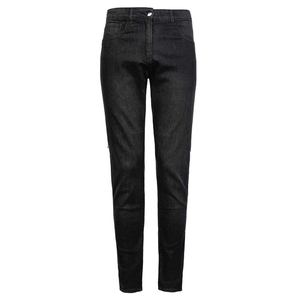 Front view of Drifters ladies washed black motorcycle jeans – CE armoured motorcycle trousers for women in slim fit