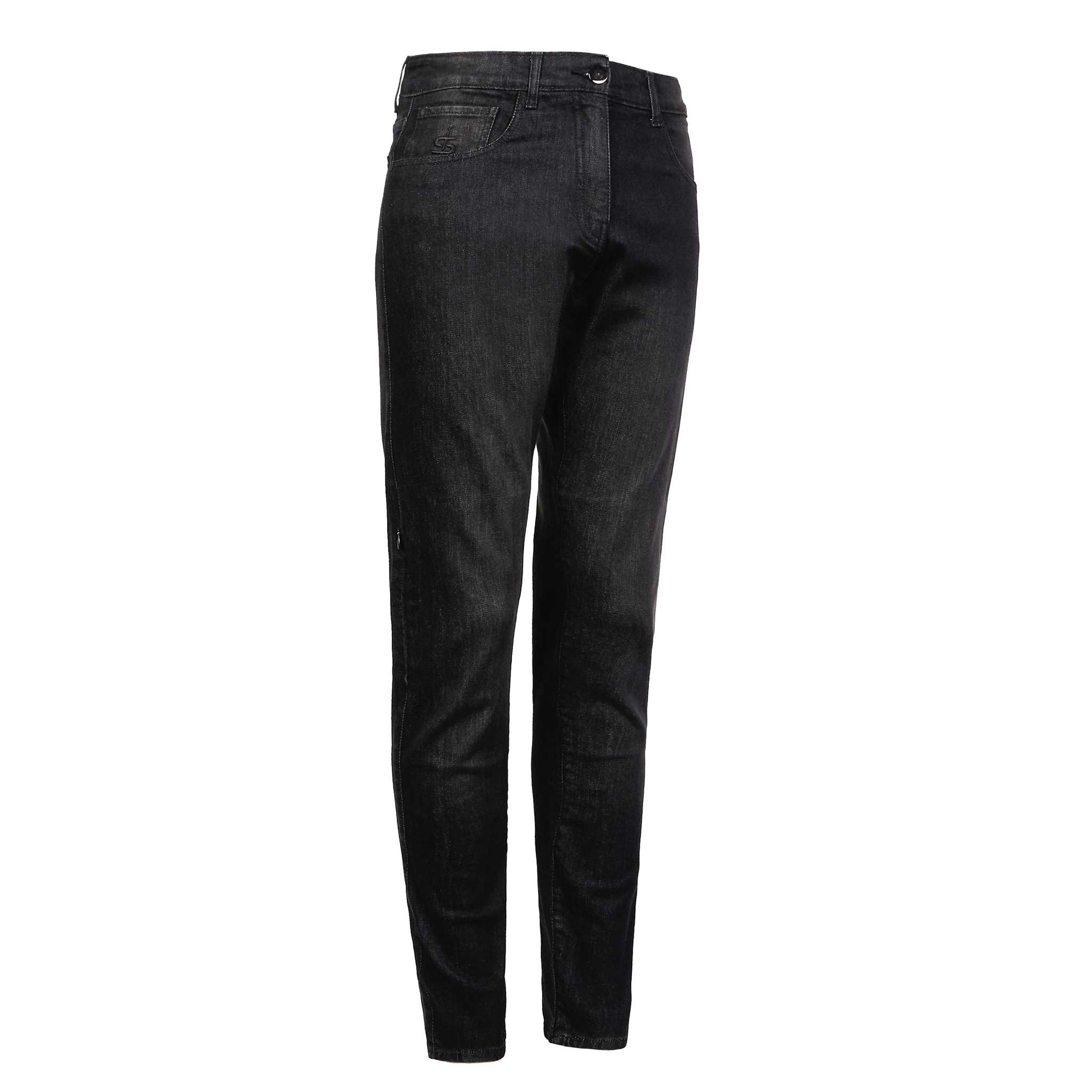 Side view of women’s black washed motorcycle jeans showing sleek fit and invisible side-entry knee armour pocket designed for ladies.