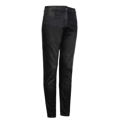 Side view of women’s black washed motorcycle jeans showing sleek fit and invisible side-entry knee armour pocket designed for ladies.