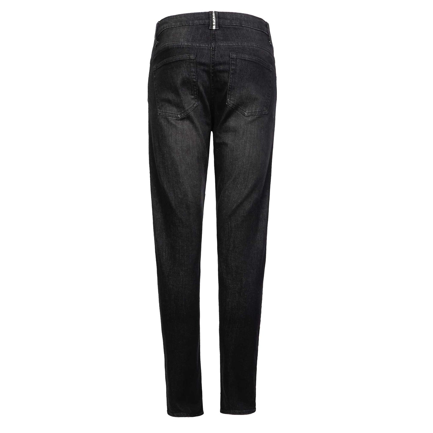 Rear view of women’s black washed motorcycle jeans highlighting tailored fit, reinforced seat, and protective features for women riders.
