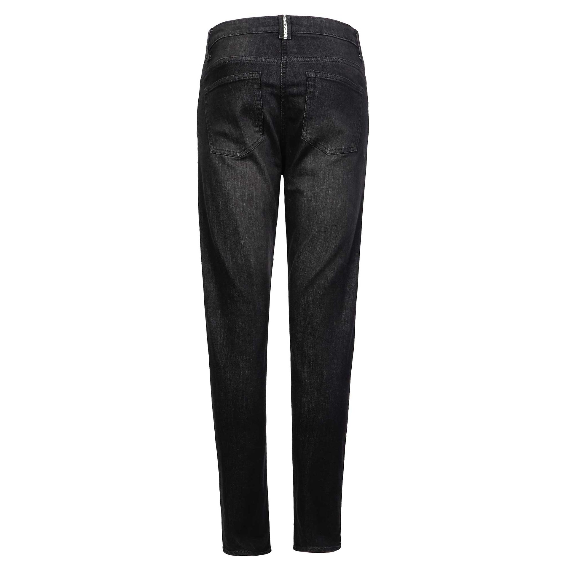Rear view of women’s black washed motorcycle jeans highlighting tailored fit, reinforced seat, and protective features for women riders.