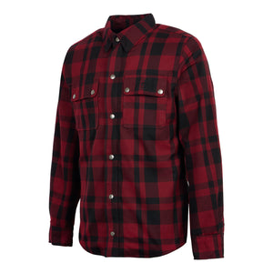Side view of Ember black and red check motorbike shirt showing slim fit and concealed protective armour