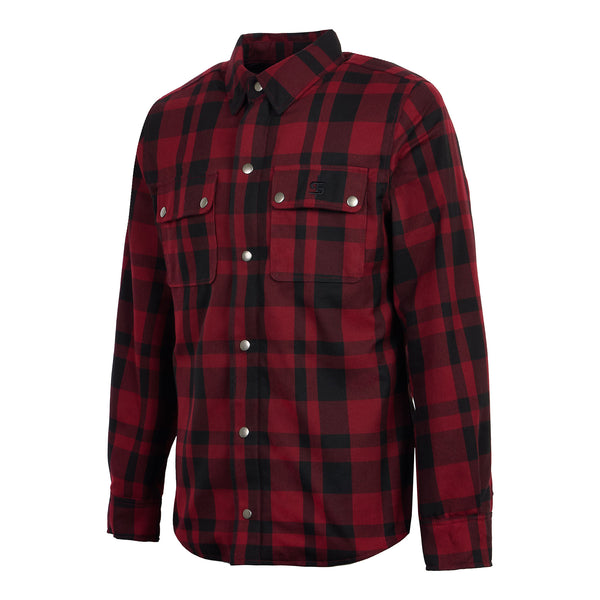 Side view of Ember black and red check motorbike shirt showing slim fit and concealed protective armour