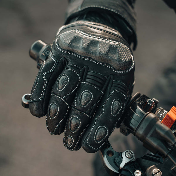 Close up view of CE certified level 1 knuckle protection on Enforcer Rev 2 Motorcycle glove.
