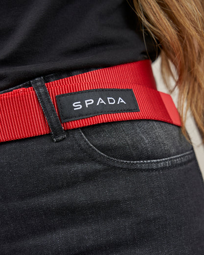 Red belt with Spada logo on a black garment
