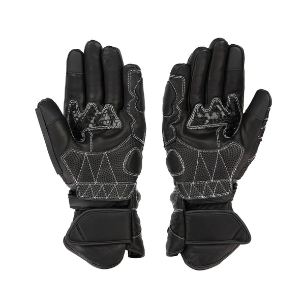 Palm side of Enforcer 2 Motorcycle gloves. Showing silicone palm detailing and built-in visor wipe on a white background.