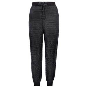Black thermal trousers with a ribbed hem and waistband, featuring a zipper fly front and ergonomic knee panels.