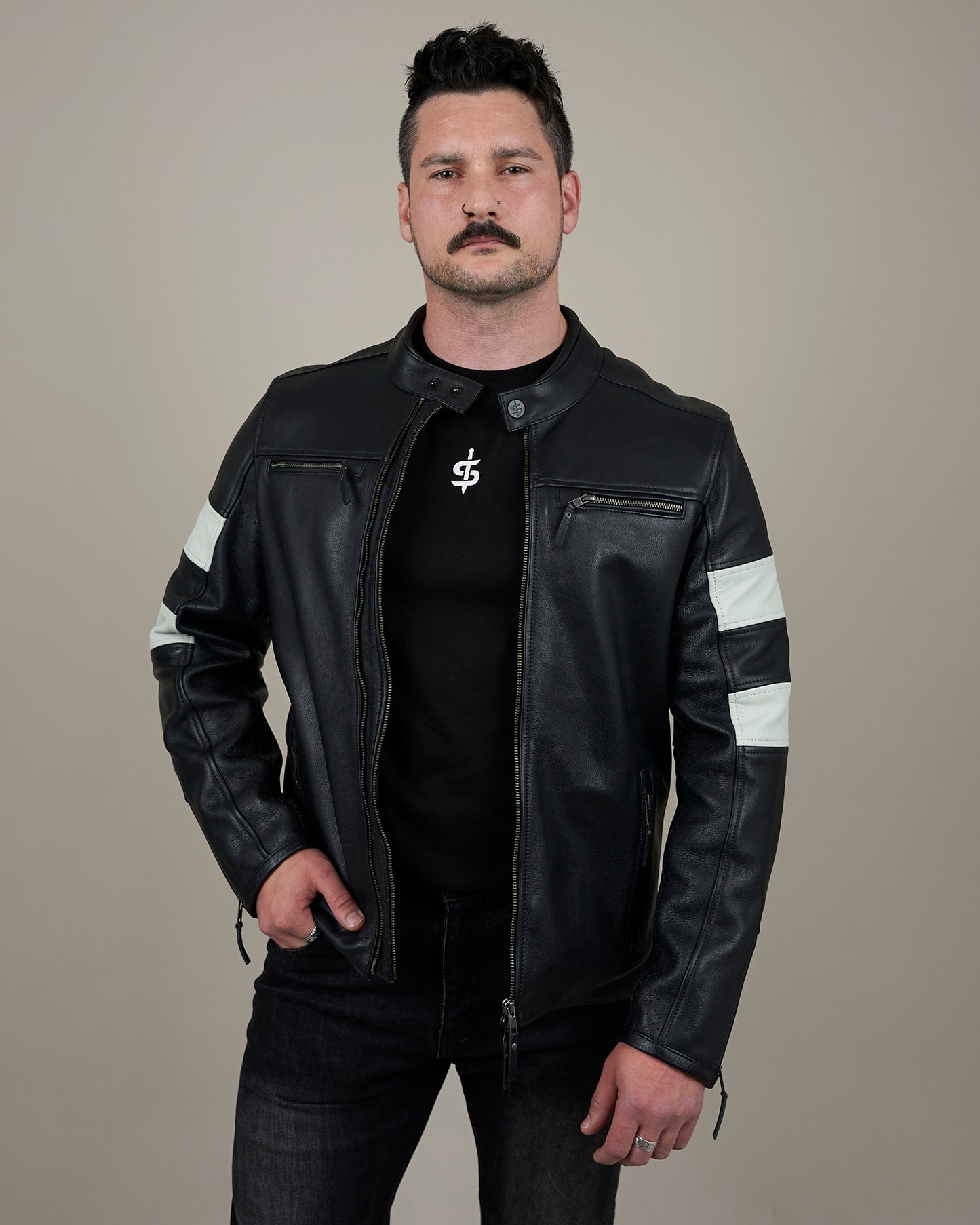 Hanzo Black & Ivory Leather Motorcycle Jacket