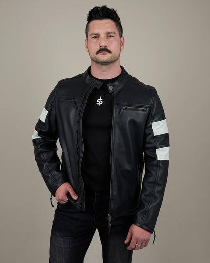 Hanzo Black & Ivory Leather Motorcycle Jacket
