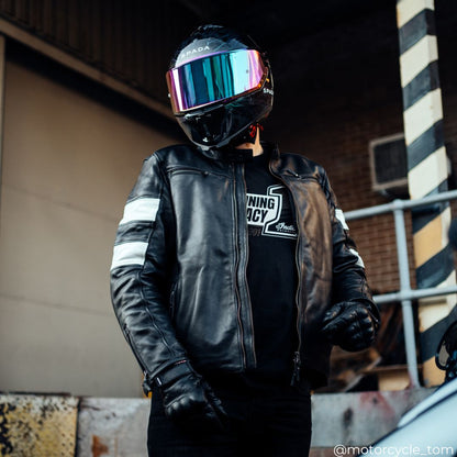 biker wearing black leather motorcycle jacket for men with black helmet with multicoloured visor