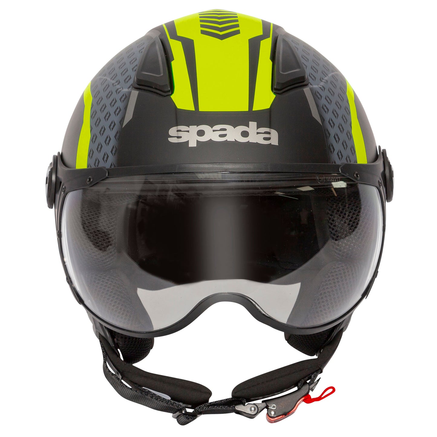 front of black and yellow open face motorbike helmet with clear goggle visor
