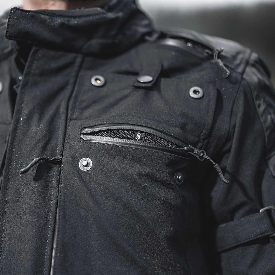 closeup of black jacket with air vents