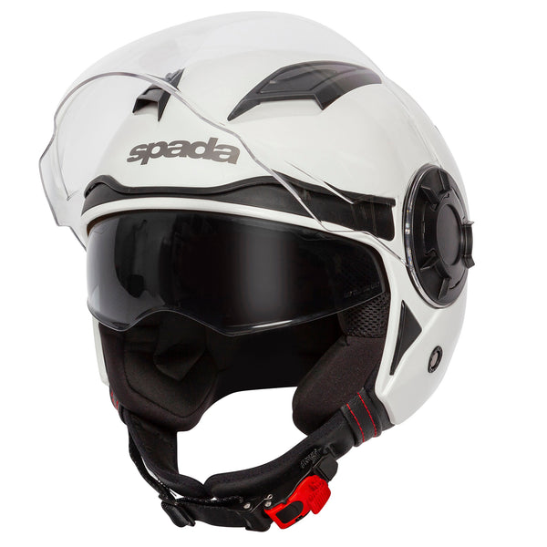 white open face motorbike helmet with black details and clear visor
