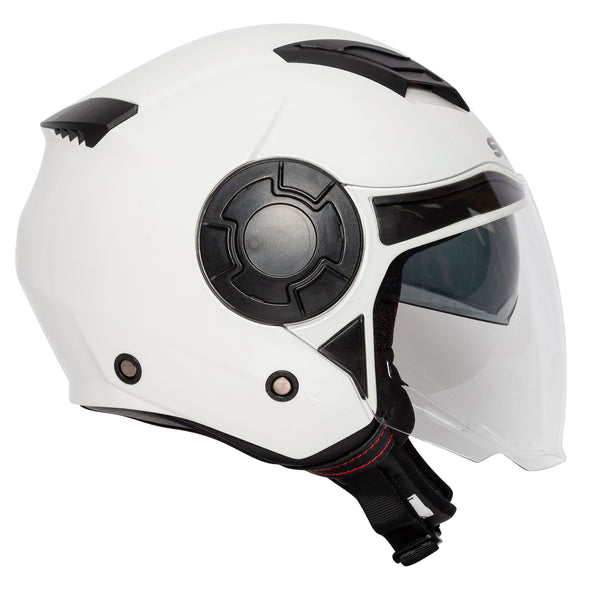 side profile of white open face motorbike helmet with large clear visor