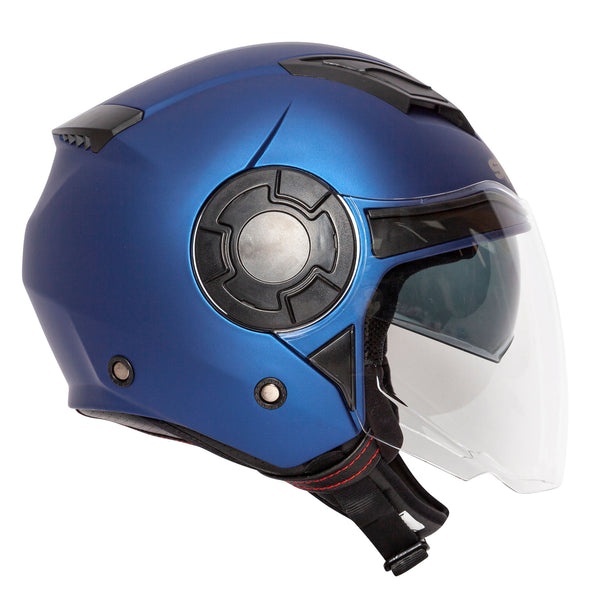 side view of blue motorbike helmet with black details and large clear visor