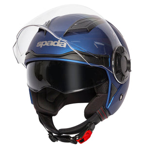 black and metallic blue open face motorbike helmet with integrated sun visor
