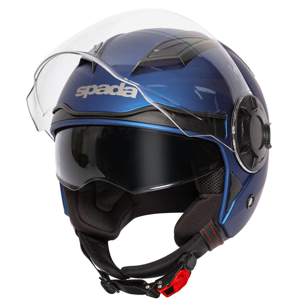 black and metallic blue open face motorbike helmet with integrated sun visor