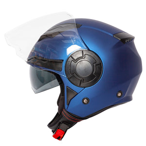 side of blue open face helmet with clear visor lifted up and integrated sun visor visible