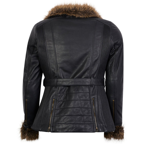 Back view of black leather ladies motorbike jacket with diamond quilted satin lining and removable belt, designed for female riders