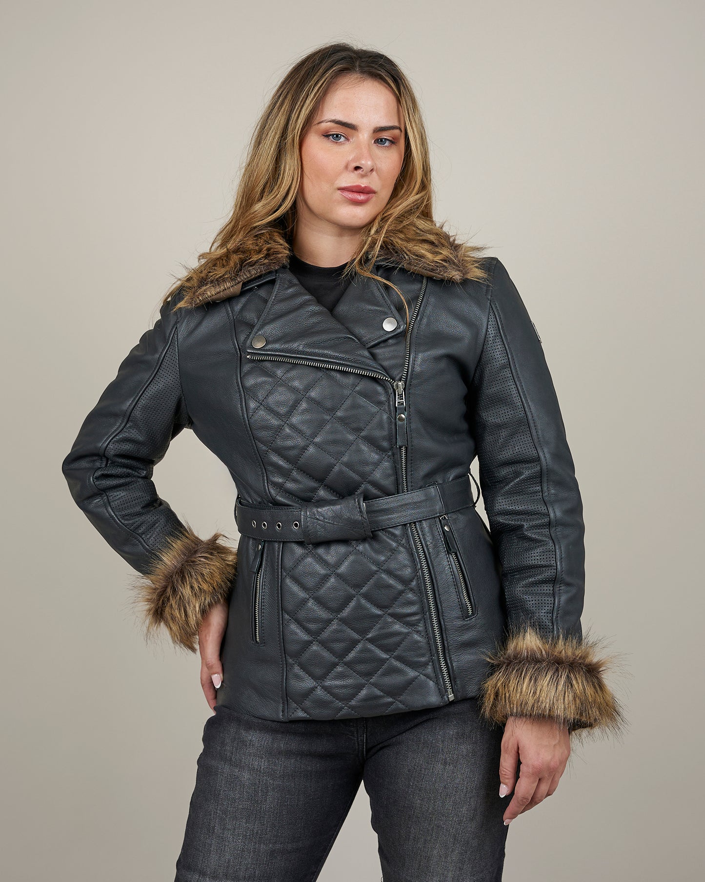 Lancer Ladies Black Leather Motorcycle Jacket