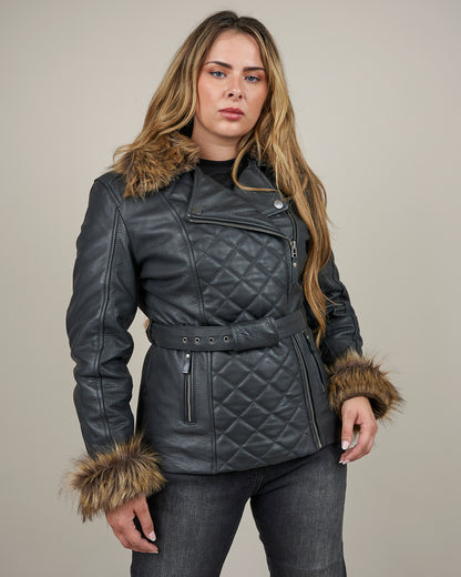 Lancer Ladies Black Leather Motorcycle Jacket