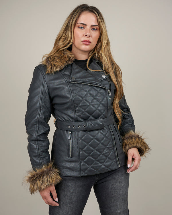 Lancer Ladies Black Leather Motorcycle Jacket