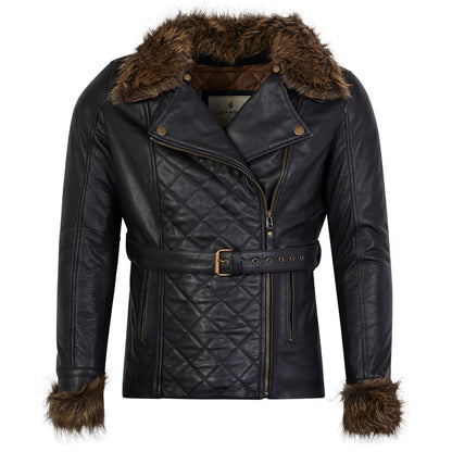 female motorcycle leather jacket with faux fur and belt