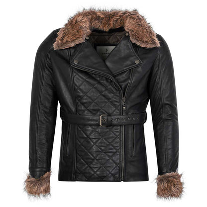 Front view of black female moto jacket leather motorcycle jacket with detachable faux fur collar and waist belt, stylish women’s biker jacket