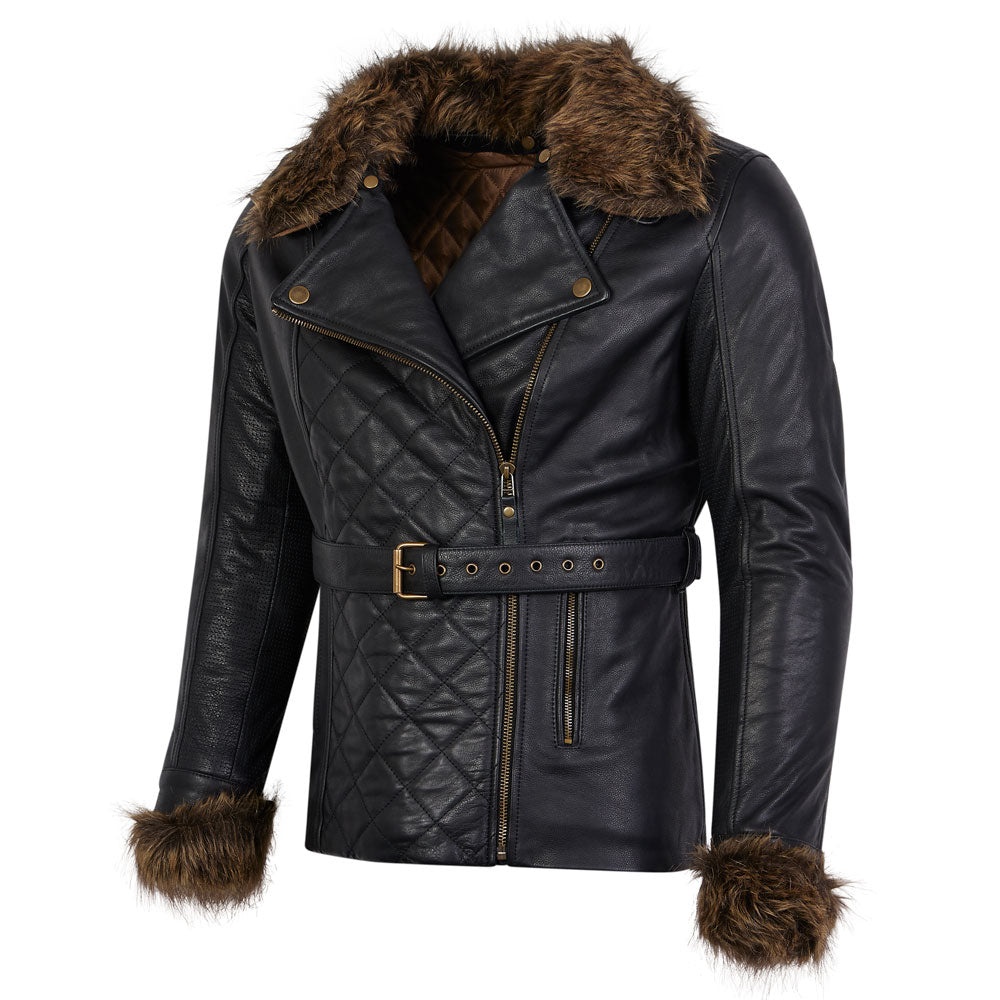 side view of faux fur quilted design leather motorcycle jacket for women