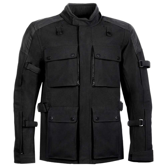 front view of a black motorcycle jacket with pockets for men