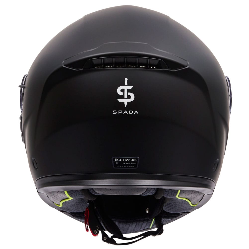 back of black flip up motorcycle helmet with white spada logo