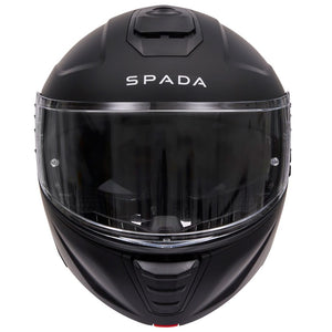 front of black flip up motorbike helmet with white spada logo