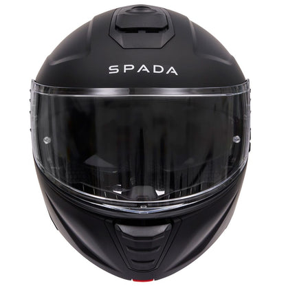 front of black flip up motorcycle helmet with white spada logo