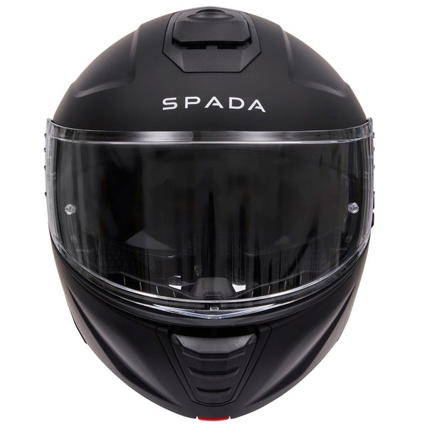 front of black flip up motorbike helmet with white spada logo