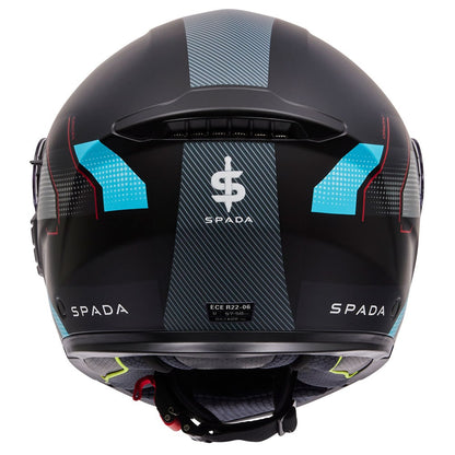 back of spada black and blue flip up motorcycle helmet