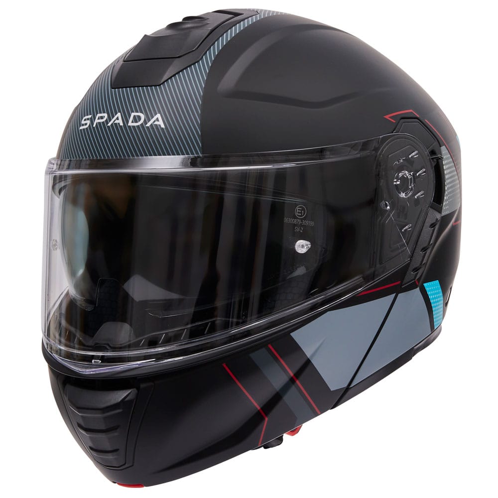 side view of black and blue flip up motorcycle helmet