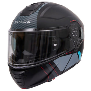 side view of black and blue flip up motorbike helmet