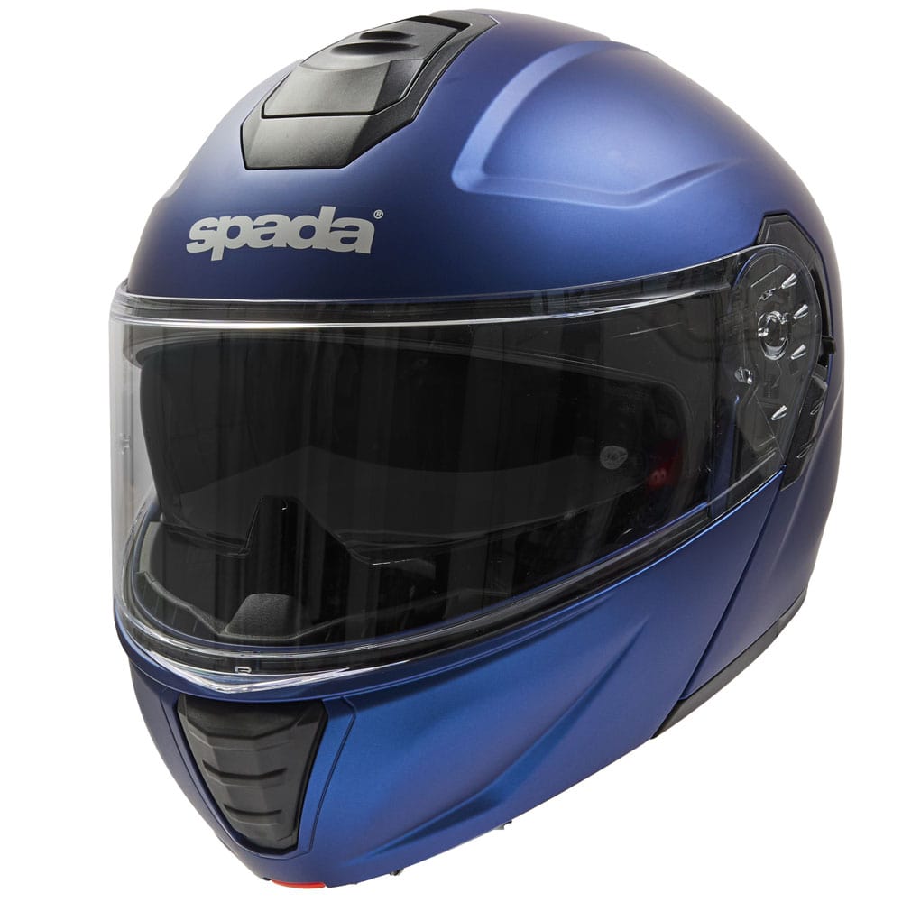 side view of matt blue flip up motorcycle helmet